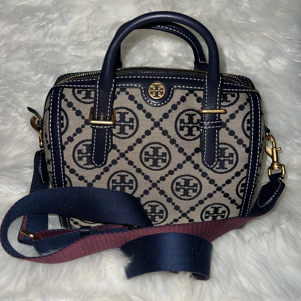 T Monogram Jacquard Duffle Shoulder Bag, Tory Navy